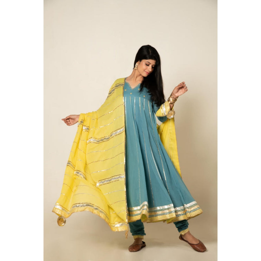 OMAANA Women Mulmul Blue Anarkali Kurta with Churidar and Dupatta