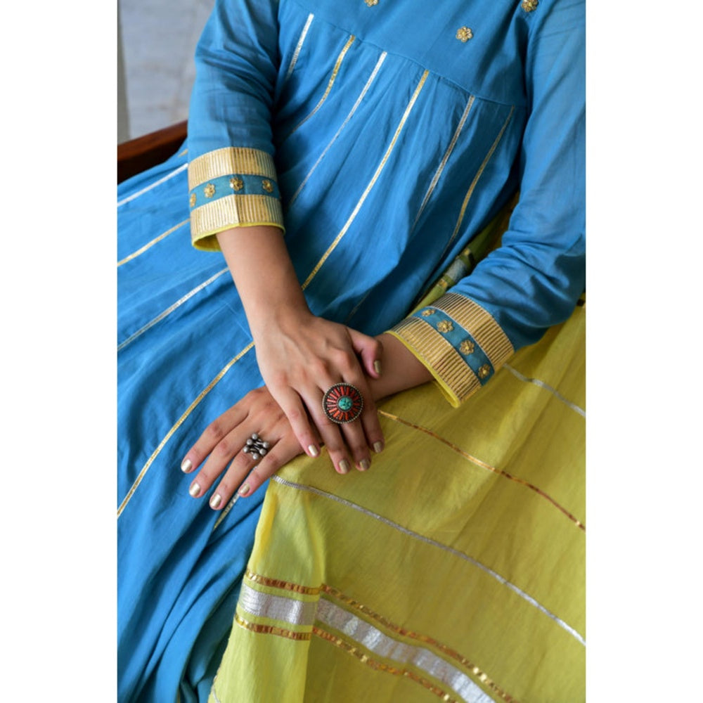 OMAANA Women Mulmul Blue Anarkali Kurta with Churidar and Dupatta