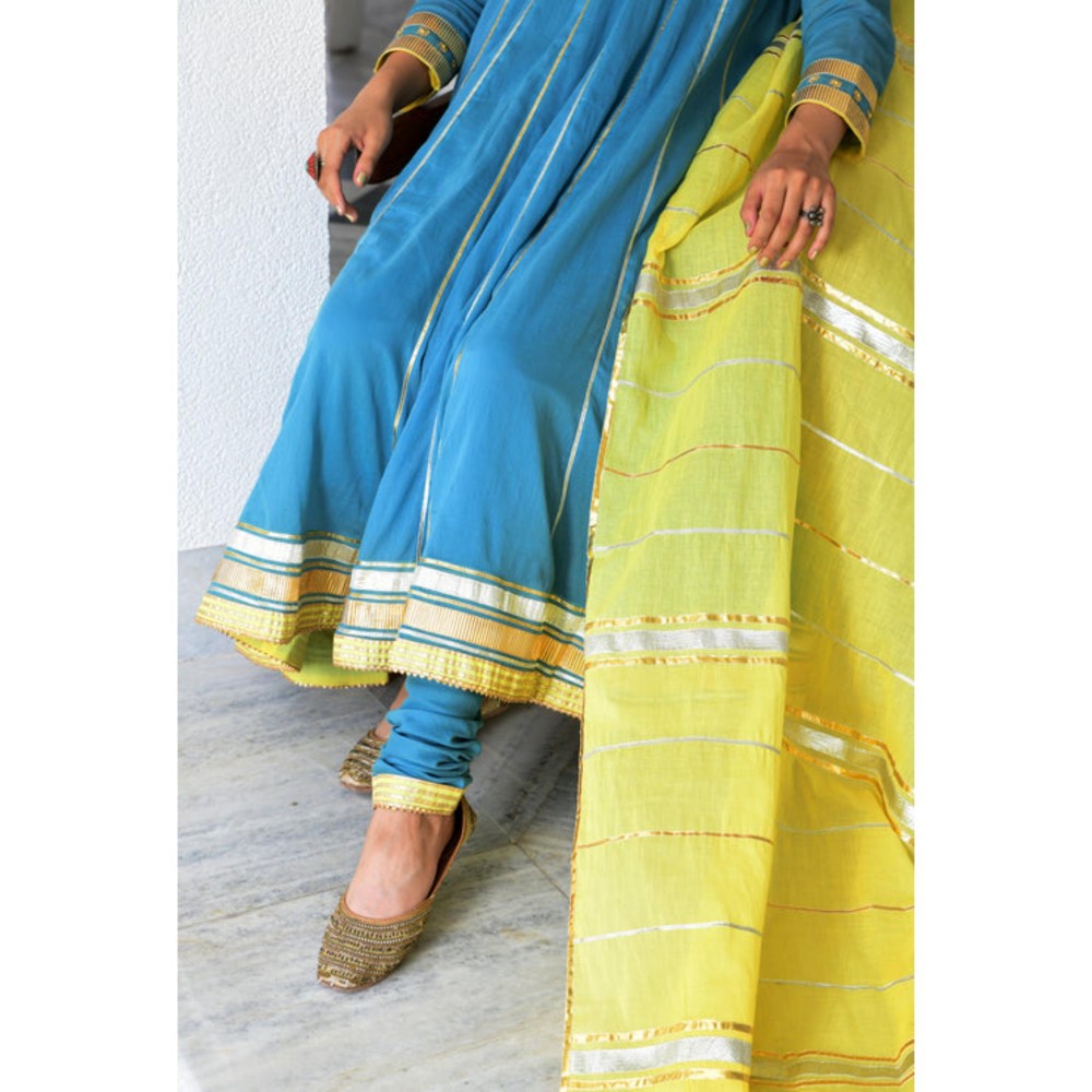 OMAANA Women Mulmul Blue Anarkali Kurta with Churidar and Dupatta
