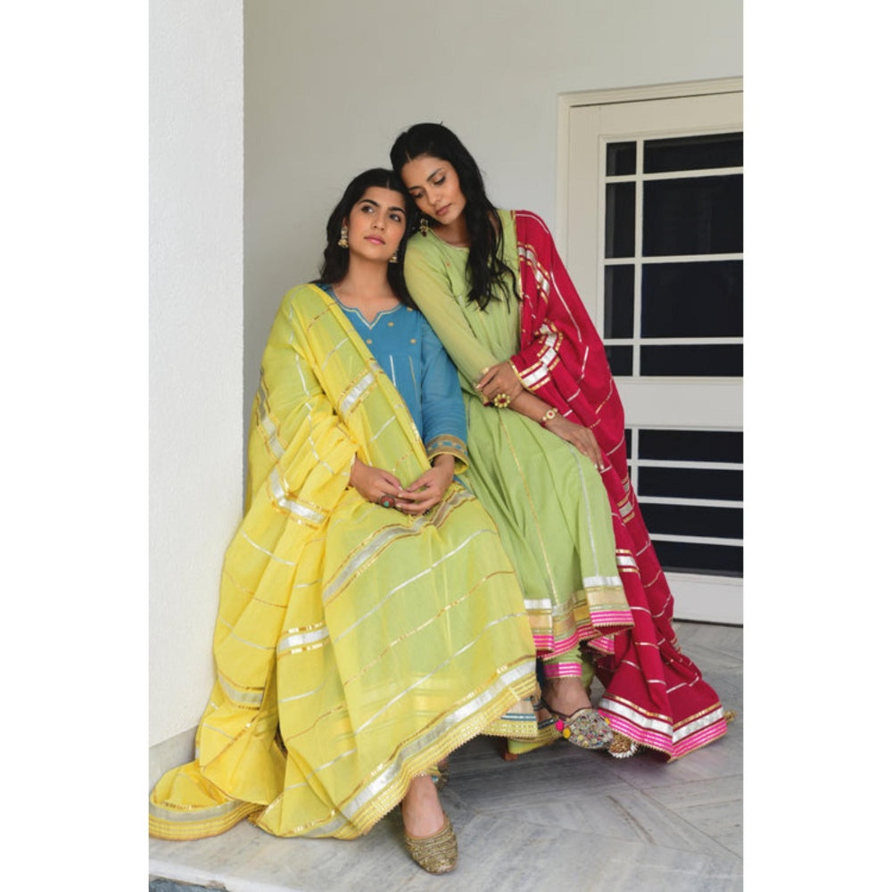 OMAANA Women Mulmul Blue Anarkali Kurta with Churidar and Dupatta