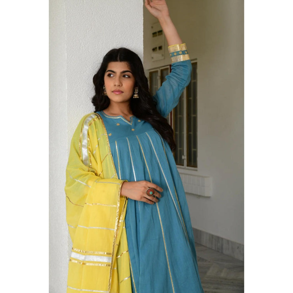 OMAANA Women Mulmul Blue Anarkali Kurta with Churidar and Dupatta