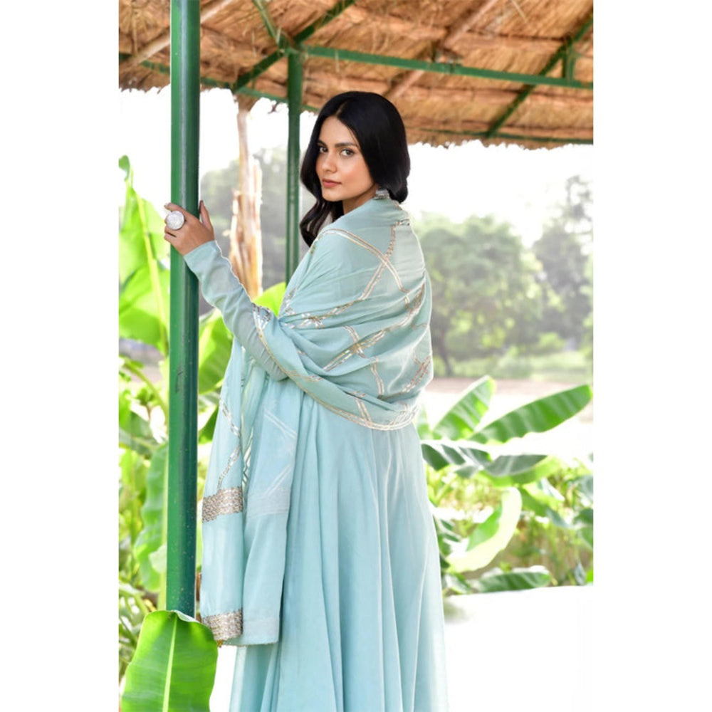 OMAANA Women Mulmul Blue Anarkali Kurta with Churidar and Dupatta