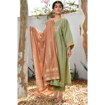 OMAANA Women Mulmul Green Kurta with Pant and Dupatta