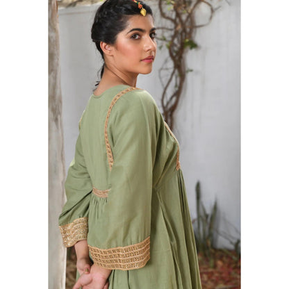 OMAANA Women Mulmul Green Kurta with Pant and Dupatta