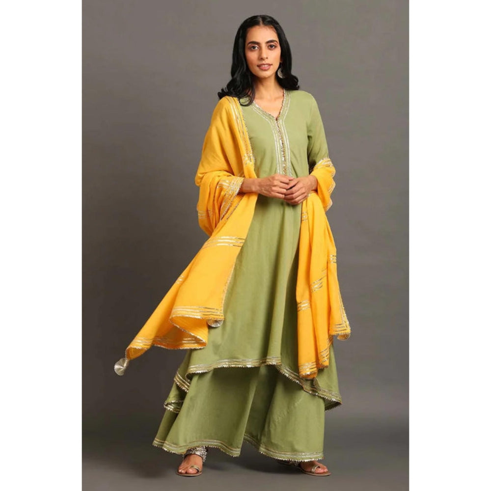 OMAANA Women Cotton Green Kurta with Sharara and Dupatta