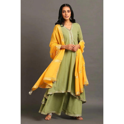 OMAANA Women Cotton Green Kurta with Sharara and Dupatta