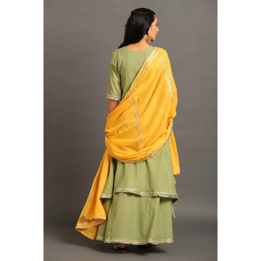 OMAANA Women Cotton Green Kurta with Sharara and Dupatta