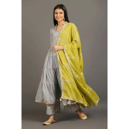 OMAANA Women Mulmul Grey Kurta with Palazzo and Dupatta