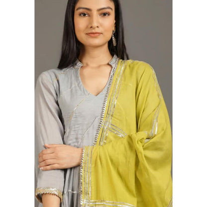 OMAANA Women Mulmul Grey Kurta with Palazzo and Dupatta