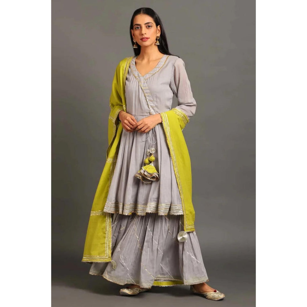 OMAANA Women Cotton Grey Angrakha Kurta with Sharara and Dupatta
