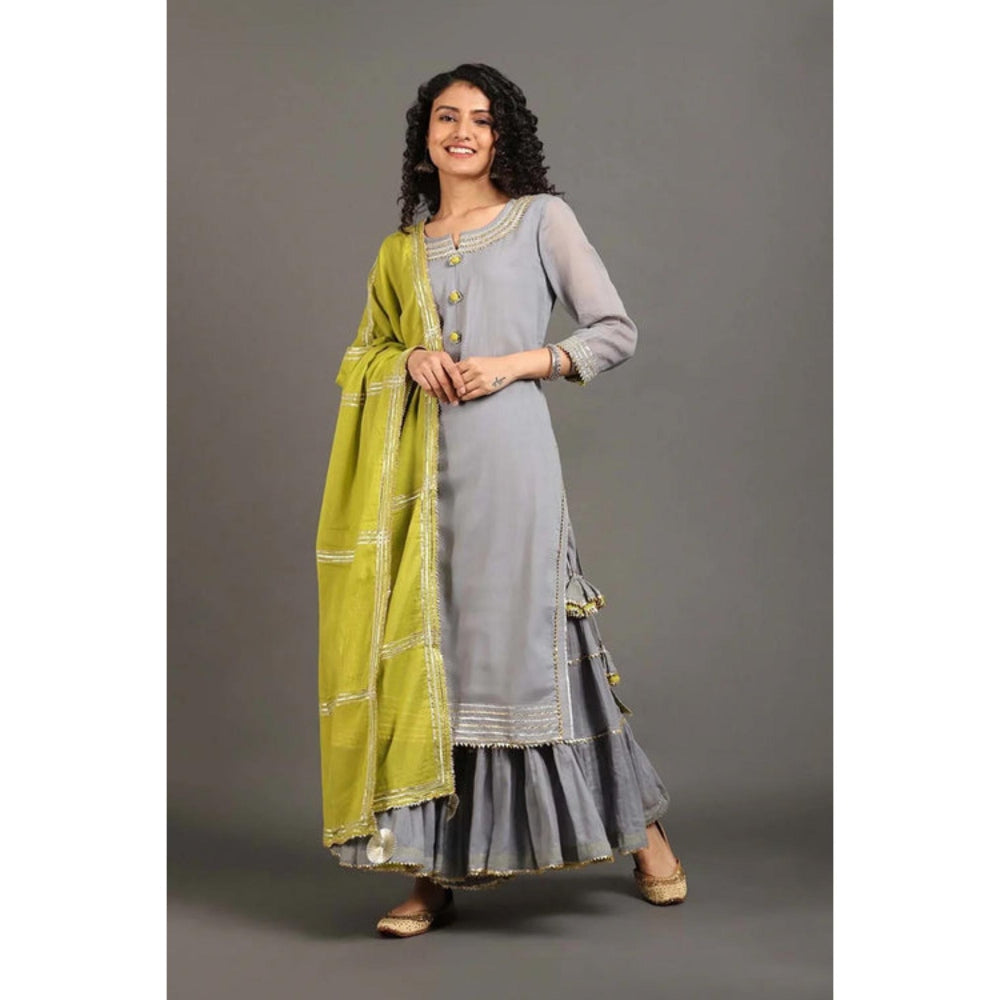 OMAANA Women Mulmul Grey Kurta with Sharara and Dupatta
