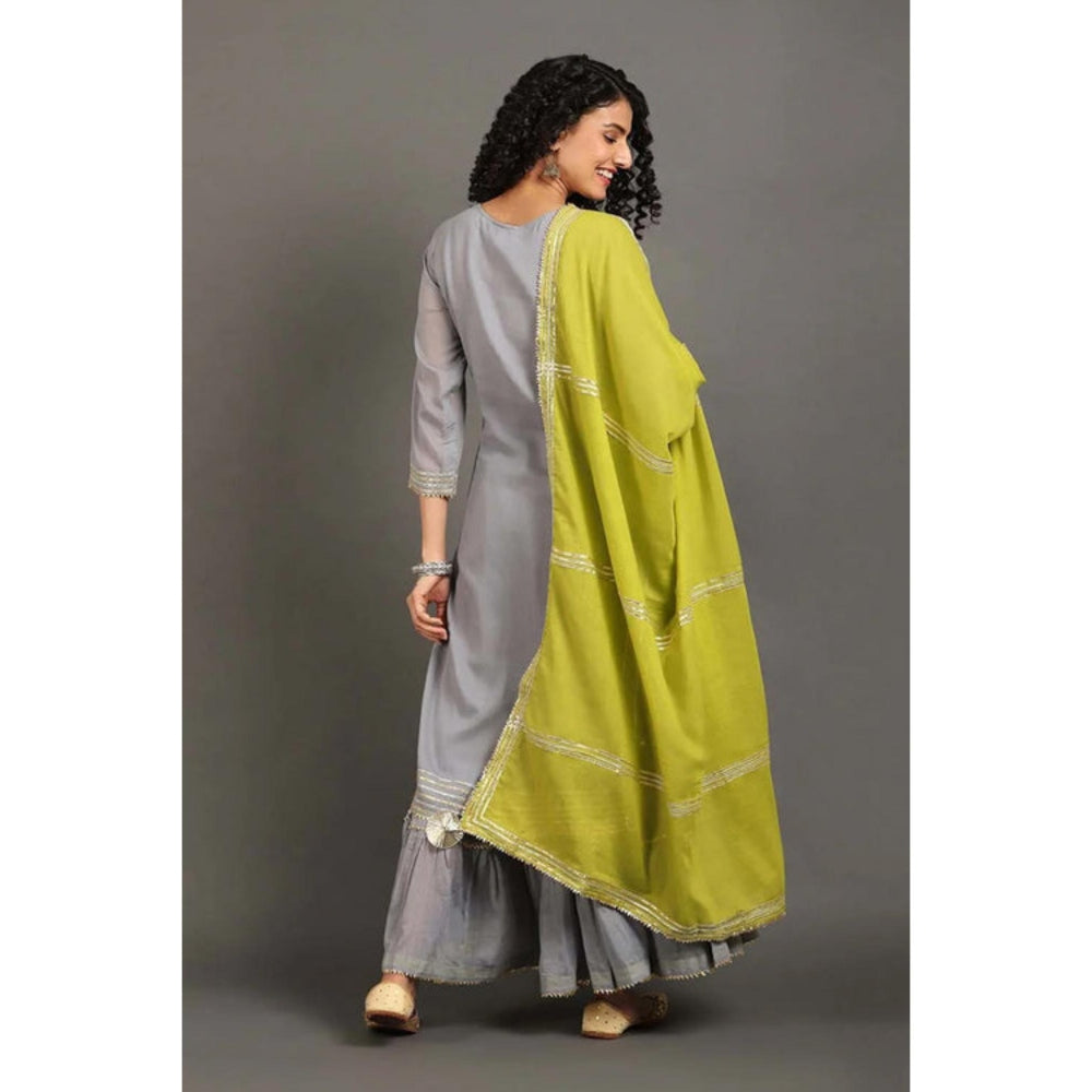 OMAANA Women Mulmul Grey Kurta with Sharara and Dupatta