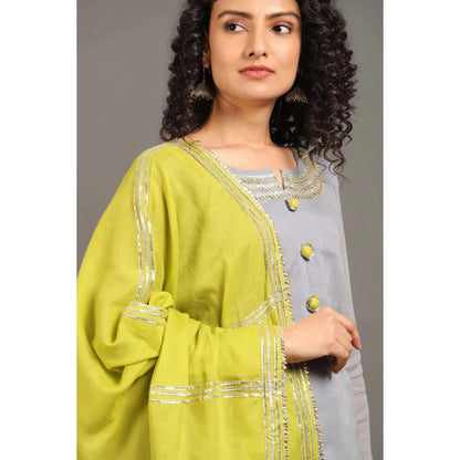 OMAANA Women Mulmul Grey Kurta with Sharara and Dupatta