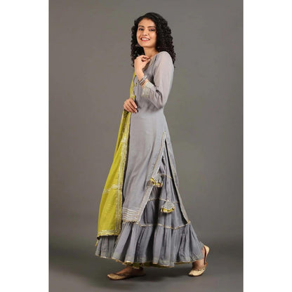 OMAANA Women Mulmul Grey Kurta with Sharara and Dupatta