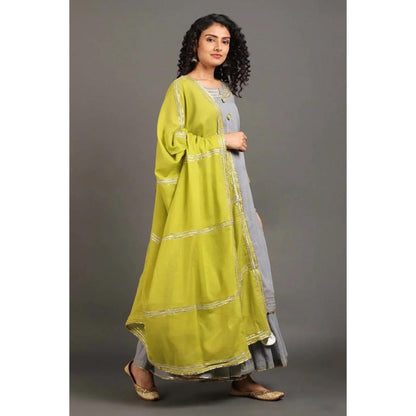 OMAANA Women Mulmul Grey Kurta with Sharara and Dupatta