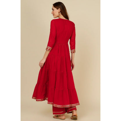 OMAANA Women Mulmul Red Kurta with Pant and Dupatta