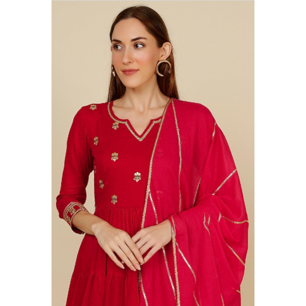 OMAANA Women Mulmul Red Kurta with Pant and Dupatta