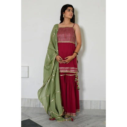 OMAANA Women Chanderi Red Kurta with Sharara and Dupatta