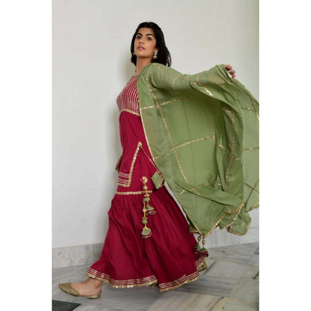 OMAANA Women Chanderi Red Kurta with Sharara and Dupatta