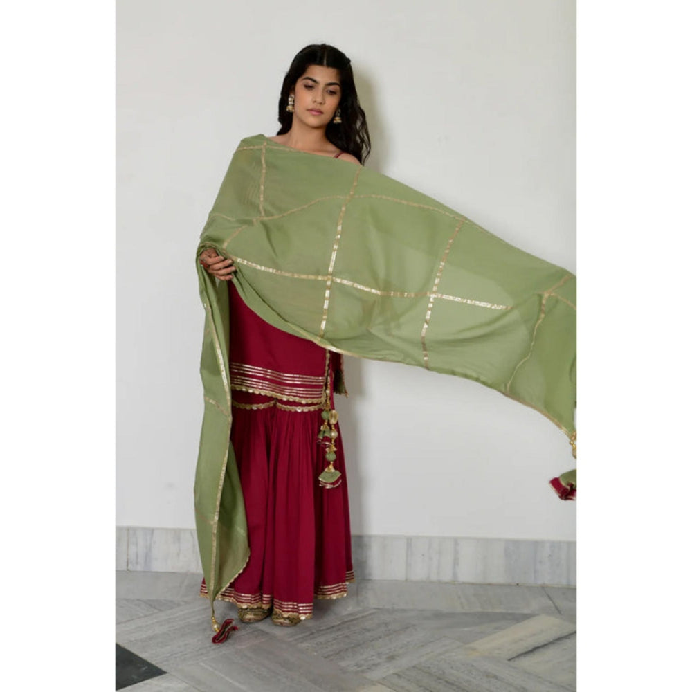 OMAANA Women Chanderi Red Kurta with Sharara and Dupatta