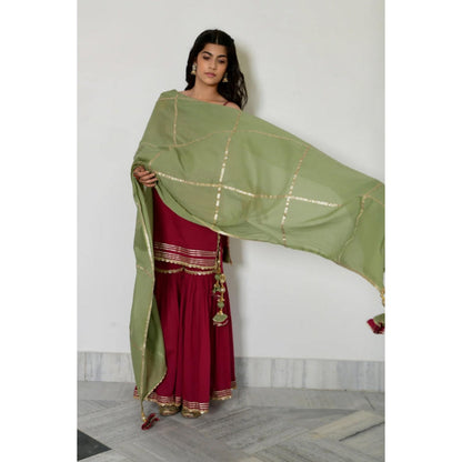 OMAANA Women Chanderi Red Kurta with Sharara and Dupatta