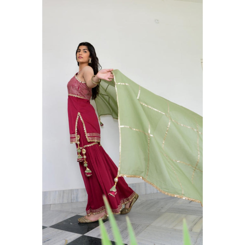 OMAANA Women Chanderi Red Kurta with Sharara and Dupatta