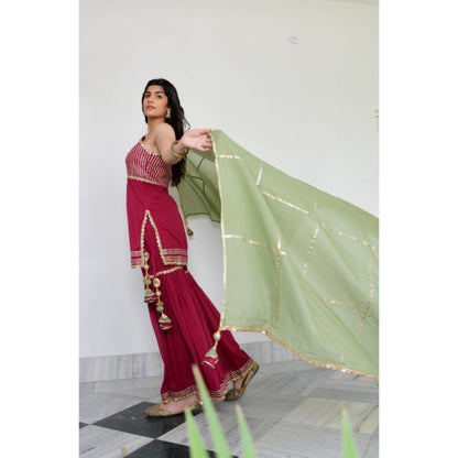 OMAANA Women Chanderi Red Kurta with Sharara and Dupatta