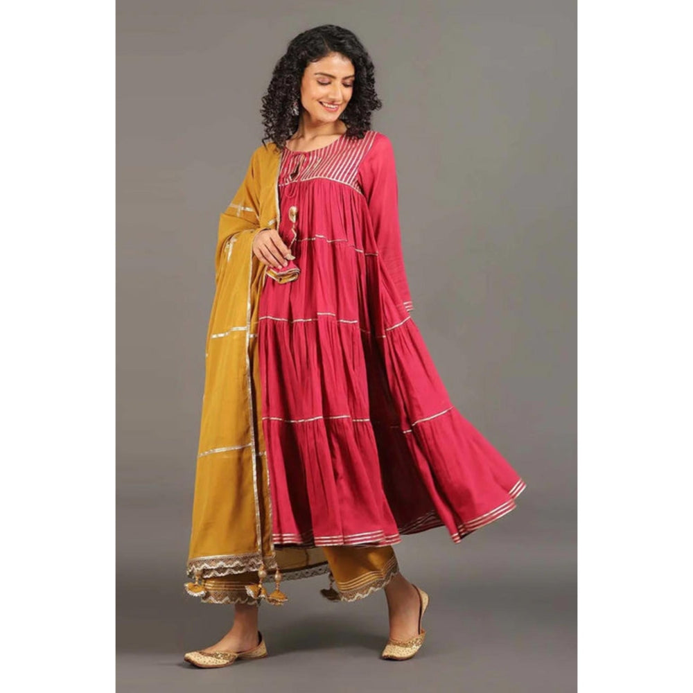 OMAANA Women Cotton Red Kurta with Pant and Dupatta