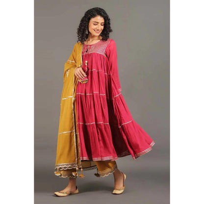OMAANA Women Cotton Red Kurta with Pant and Dupatta