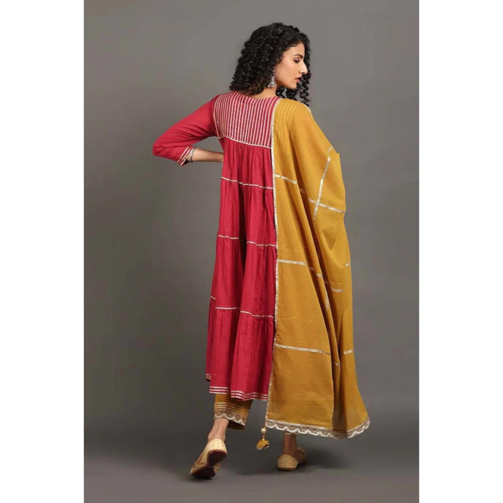 OMAANA Women Cotton Red Kurta with Pant and Dupatta