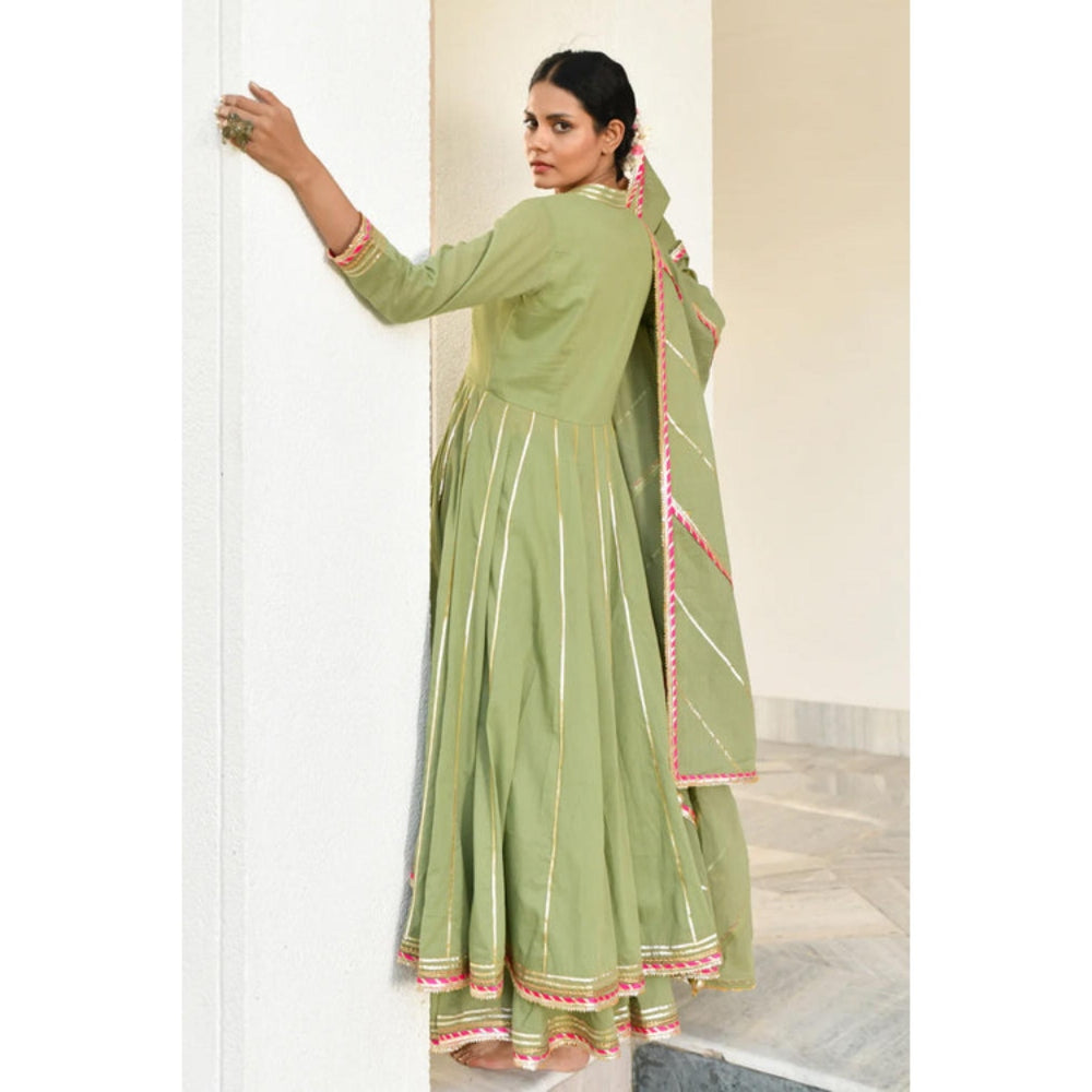 OMAANA Women Mulmul Green Kurta with Sharara and Dupatta