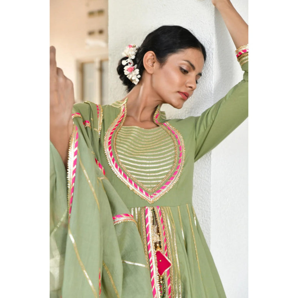 OMAANA Women Mulmul Green Kurta with Sharara and Dupatta