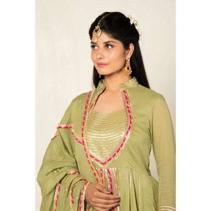 OMAANA Women Chanderi Green Kurta with Sharara and Dupatta