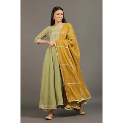OMAANA Women Mulmul Green Anarkali Kurta with Pant and Dupatta