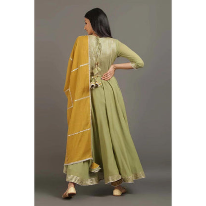 OMAANA Women Mulmul Green Anarkali Kurta with Pant and Dupatta