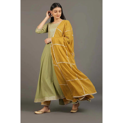 OMAANA Women Mulmul Green Anarkali Kurta with Pant and Dupatta