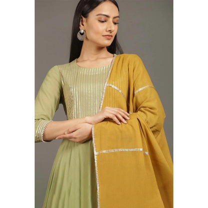 OMAANA Women Mulmul Green Anarkali Kurta with Pant and Dupatta