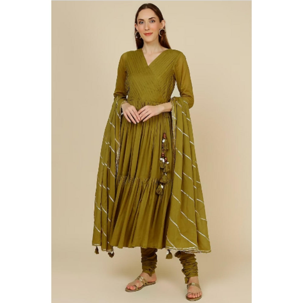 OMAANA Women Mulmul Green Angrakha Kurta with Churidar and Dupatta