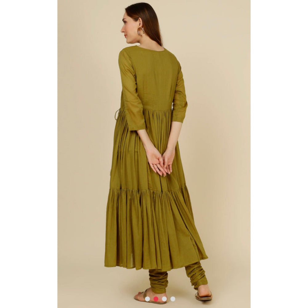 OMAANA Women Mulmul Green Angrakha Kurta with Churidar and Dupatta