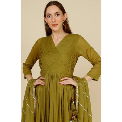OMAANA Women Mulmul Green Angrakha Kurta with Churidar and Dupatta