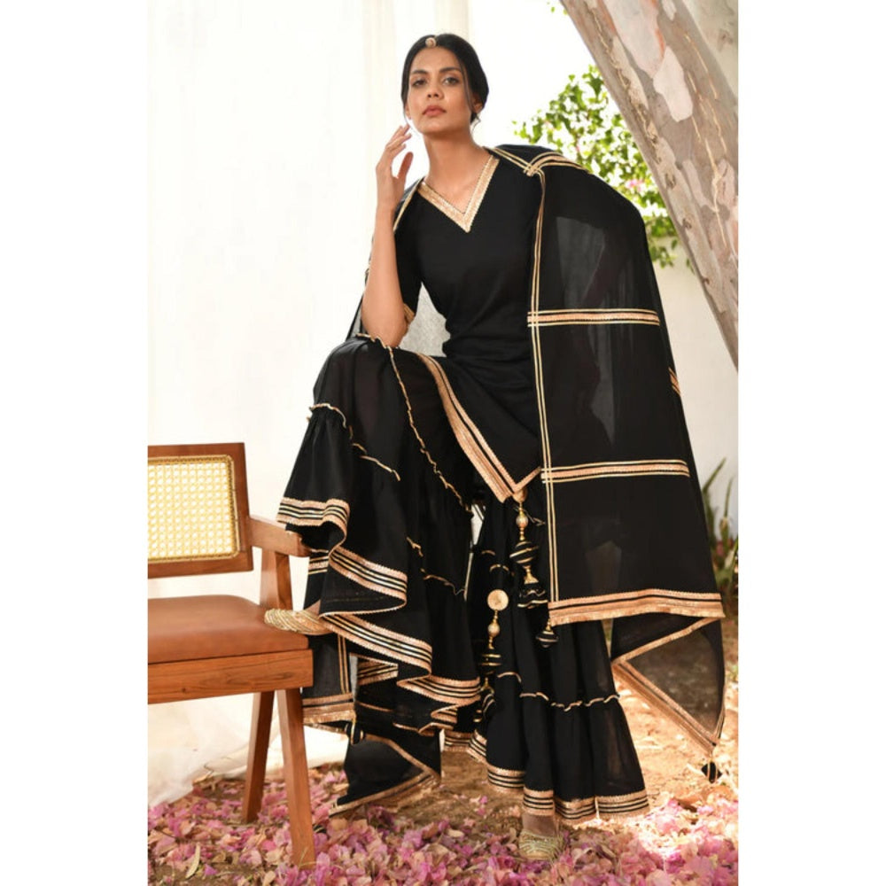 OMAANA Women Mulmul Black Kurta with Sharara and Dupatta