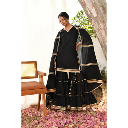 OMAANA Women Mulmul Black Kurta with Sharara and Dupatta