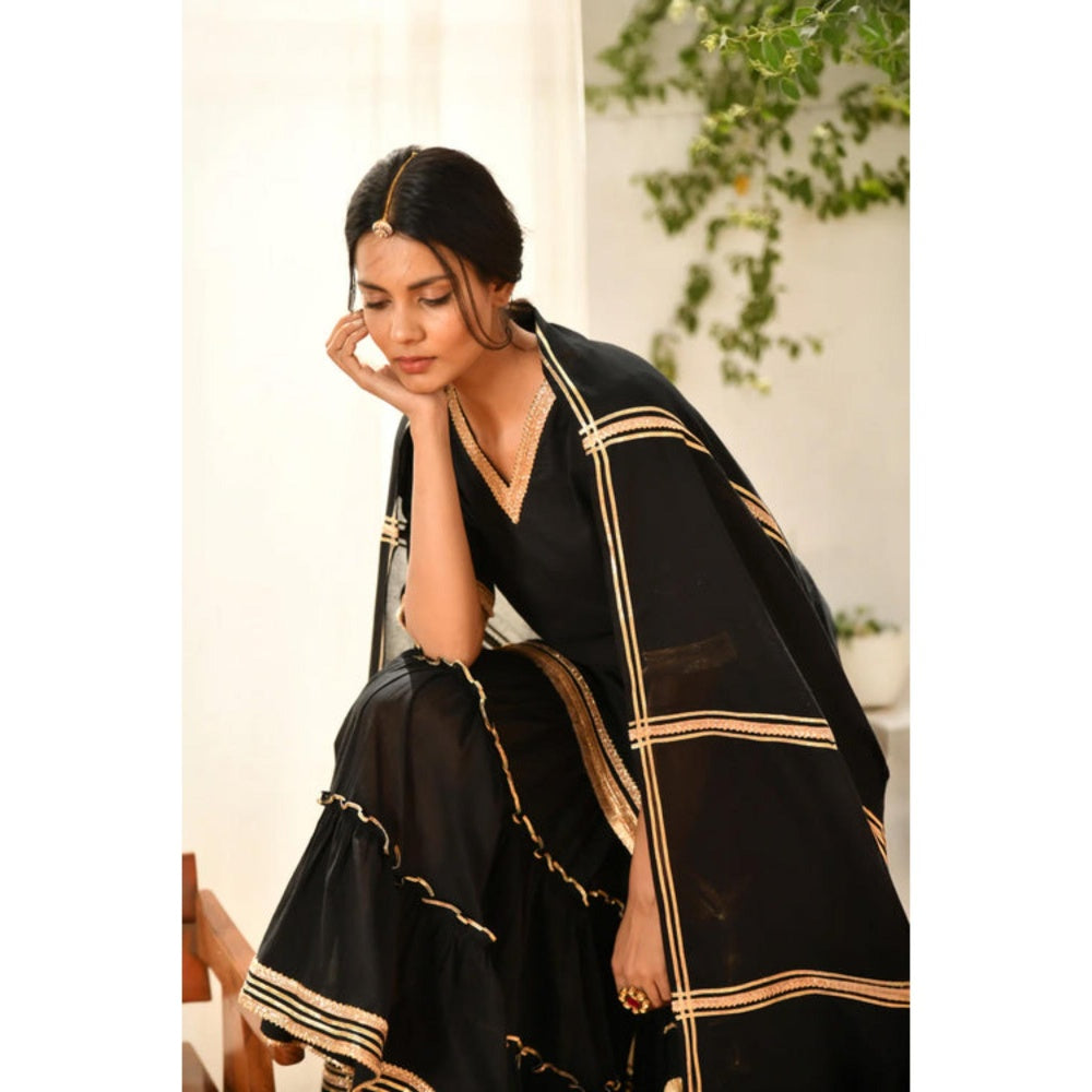 OMAANA Women Mulmul Black Kurta with Sharara and Dupatta