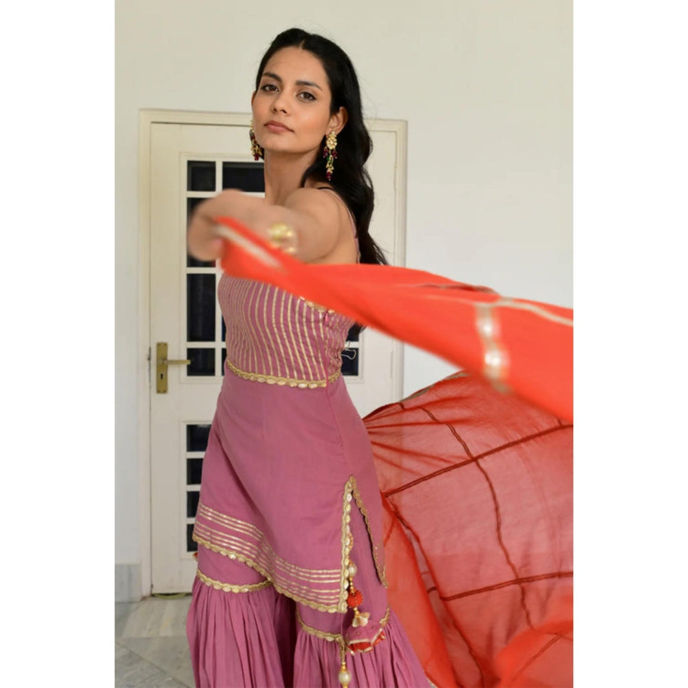 OMAANA Women Cotton Pink Kurta with Sharara and Dupatta