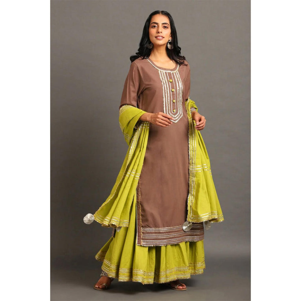 OMAANA Women Chanderi Green Kurta with Skirt and Dupatta