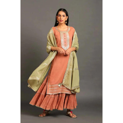 OMAANA Women Mulmul Peach Kurta with Sharara and Dupatta