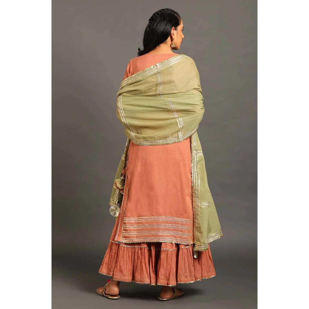 OMAANA Women Mulmul Peach Kurta with Sharara and Dupatta