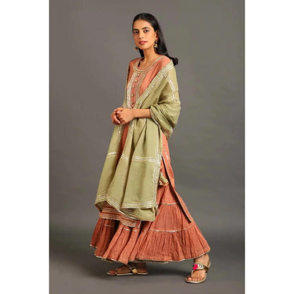 OMAANA Women Mulmul Peach Kurta with Sharara and Dupatta
