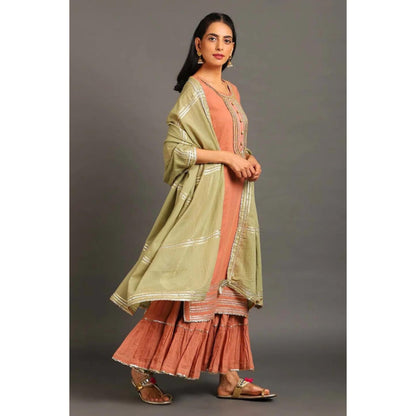 OMAANA Women Mulmul Peach Kurta with Sharara and Dupatta