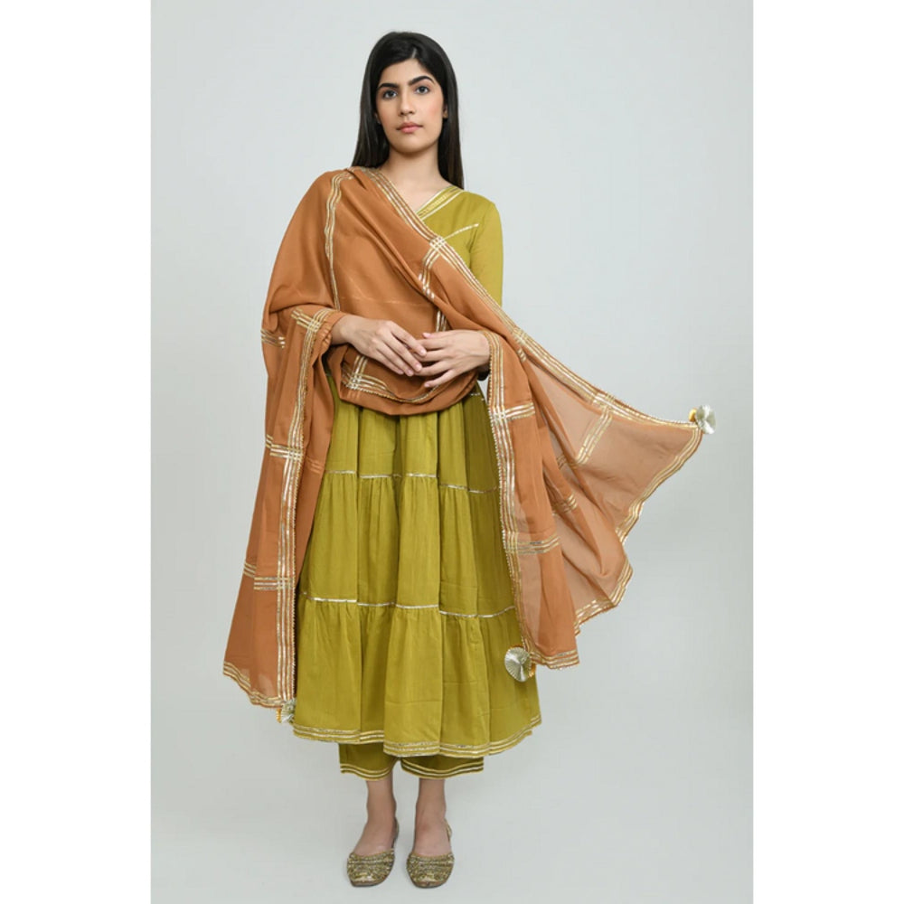 OMAANA Women Mulmul Green Kurta with Palazzo and Dupatta